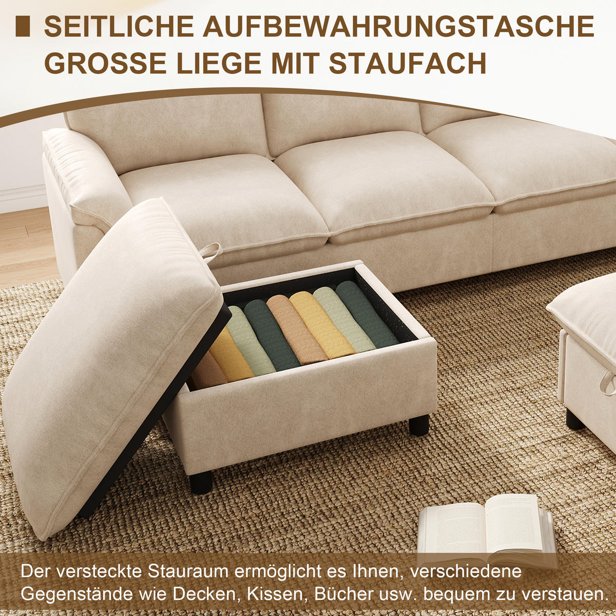 WOHNLANDSCHAFT 264.5/142.5/84 cm Beige mit 2 Aufbewahrungs-Ottomane - Beige, Textil (142.5/84/264.5cm) - Oxeza
