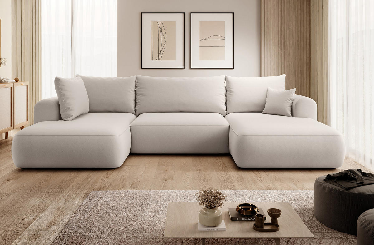 WOHNLANDSCHAFT Ovo Creme Velours - Creme/Schwarz, Textil (375/95/185cm) - Selsey