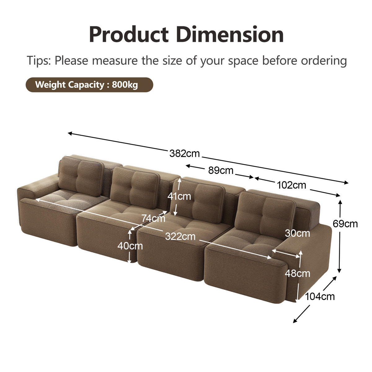 4-SITZER SOFA Cord Braun rutschfest und modular - Braun, Textil (382/69/104cm) - WISHDOR
