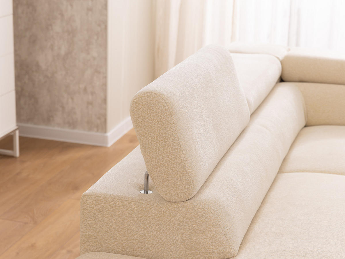 ECKSOFA mit Schlaffunktion und Bettkasten Bonnie aus Hellbeige Chenille-Stoff mit verstellbaren Kopfstützen und Armlehne - Ottomane links - Beige/Schwarz, Holz/Textil (275/210cm) - S-Style Möbel
