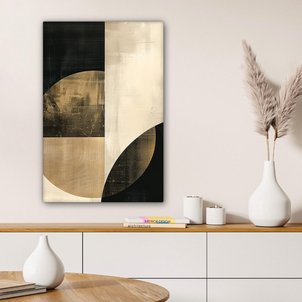 LEINWANDBILD Abstrakt - Geometrische Formen - Schwarz - Gold Wanddeko 40x60 cm - Ecru, Textil (40/60cm) - MuchoWow