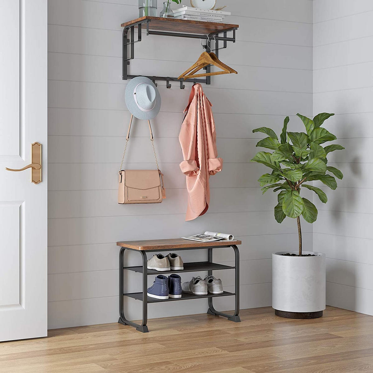 SCHUHBANK Metall Holzoptik Dunkelbraun Schwarz 3 Ebenen 66×30×45 cm - Dunkelbraun/Schwarz, Holzwerkstoff/Metall (30/45/66cm) - Begryf