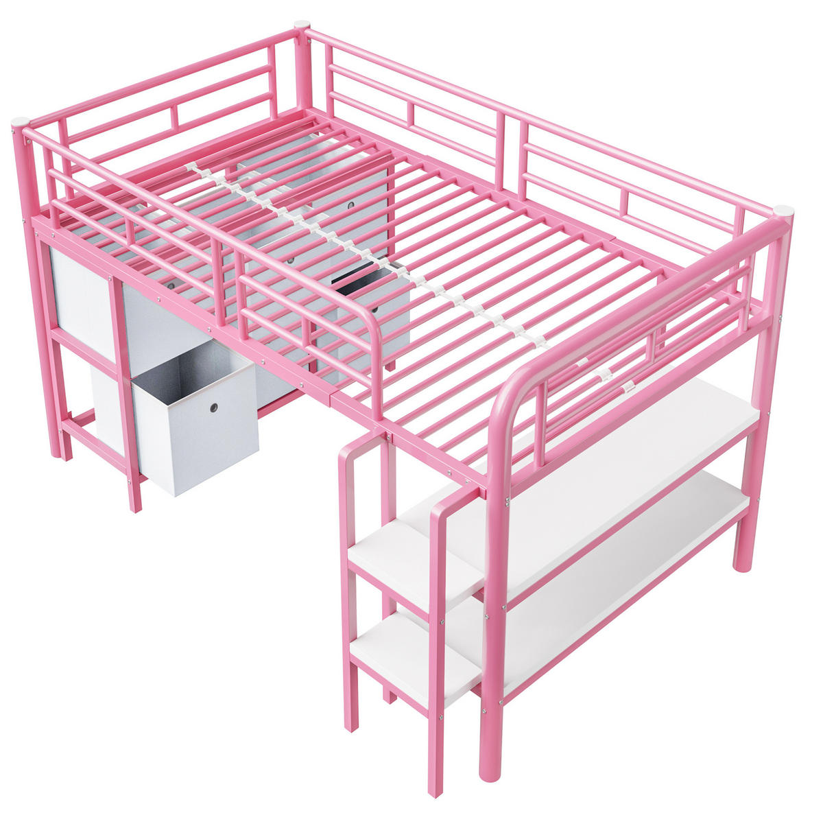 HOCHBETT 90/200 cm aus Metall mit breiter Treppe, Schubladen und Regalen, Rosa/Weiß - Rosa, Metall (90/200cm) - Redom