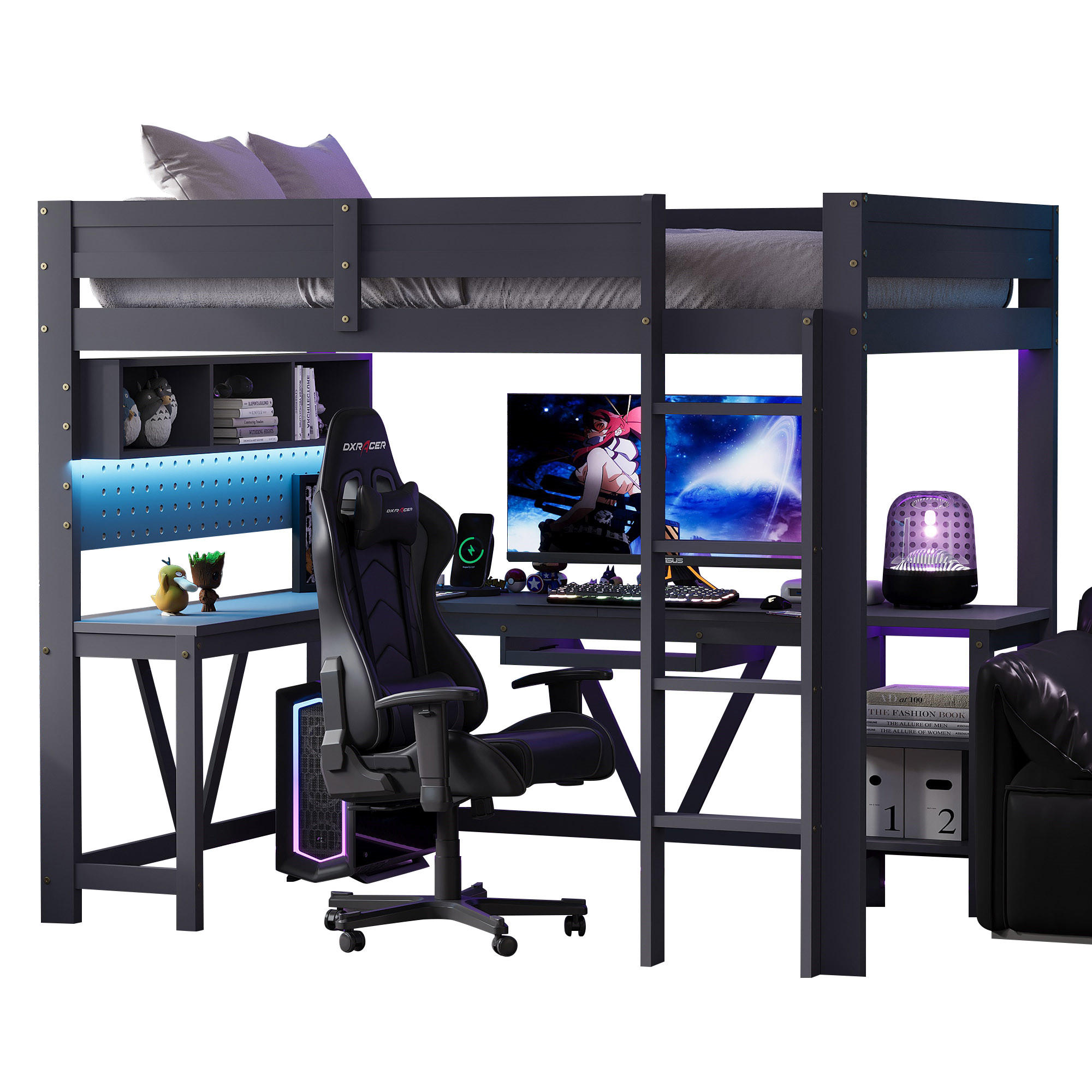 HOCHBETT 90/200 cm in Grau mit Schreibtisch, LED, USB und Ablagefächern - Grau, Holz/Holzwerkstoff (90/200cm) - WISHDOR