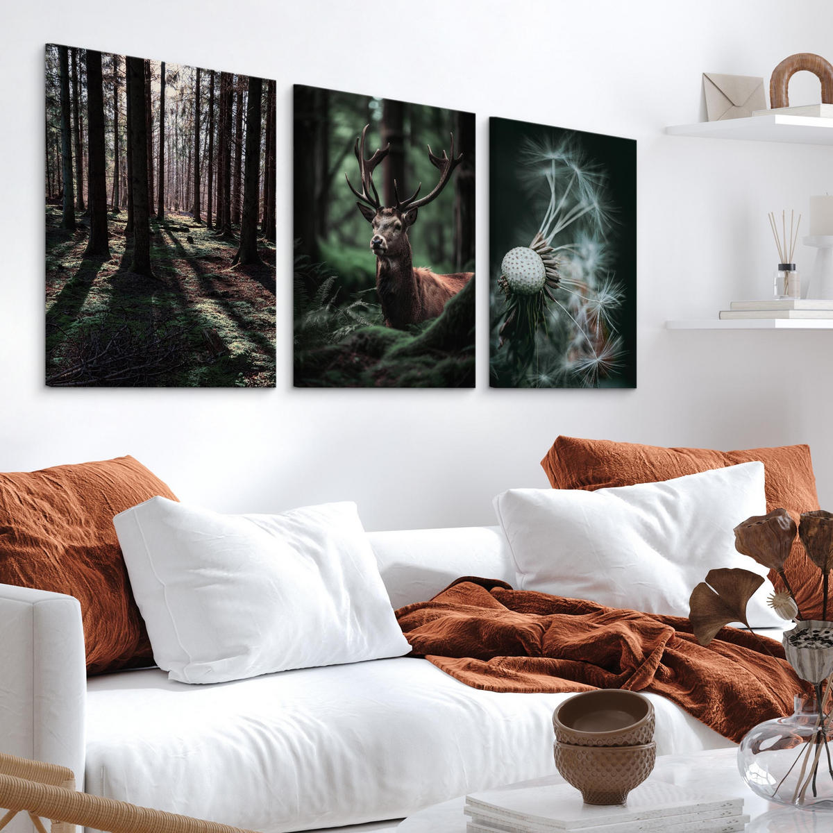 LEINWANDBILDER 3-er Set Wald Hirsch 3D - Schwarz/Weiß, Textil (90/40cm) - Muralo
