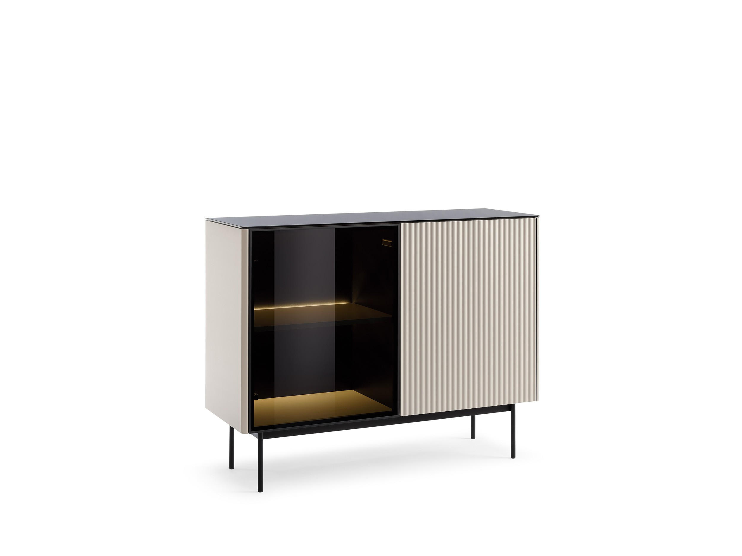 KOMMODE Rita Kaschmir, zweitürige, verglaste Kommode mit LED beleuchtung - Kaschmir/Schwarz, Holzwerkstoff (107/84/39cm) - Bettso