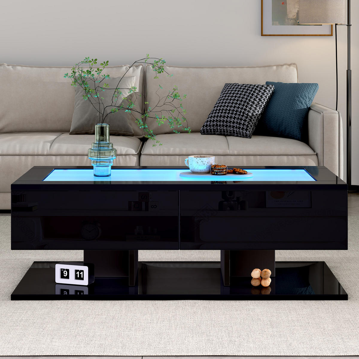 COUCHTISCH aus Spanplatte und gehärtetem Glas 100x50x35 cm Schwarz mit LED-Beleuchtung und 2 Schubladen - Schwarz, Holzwerkstoff (100/50/35cm) - IVMEU