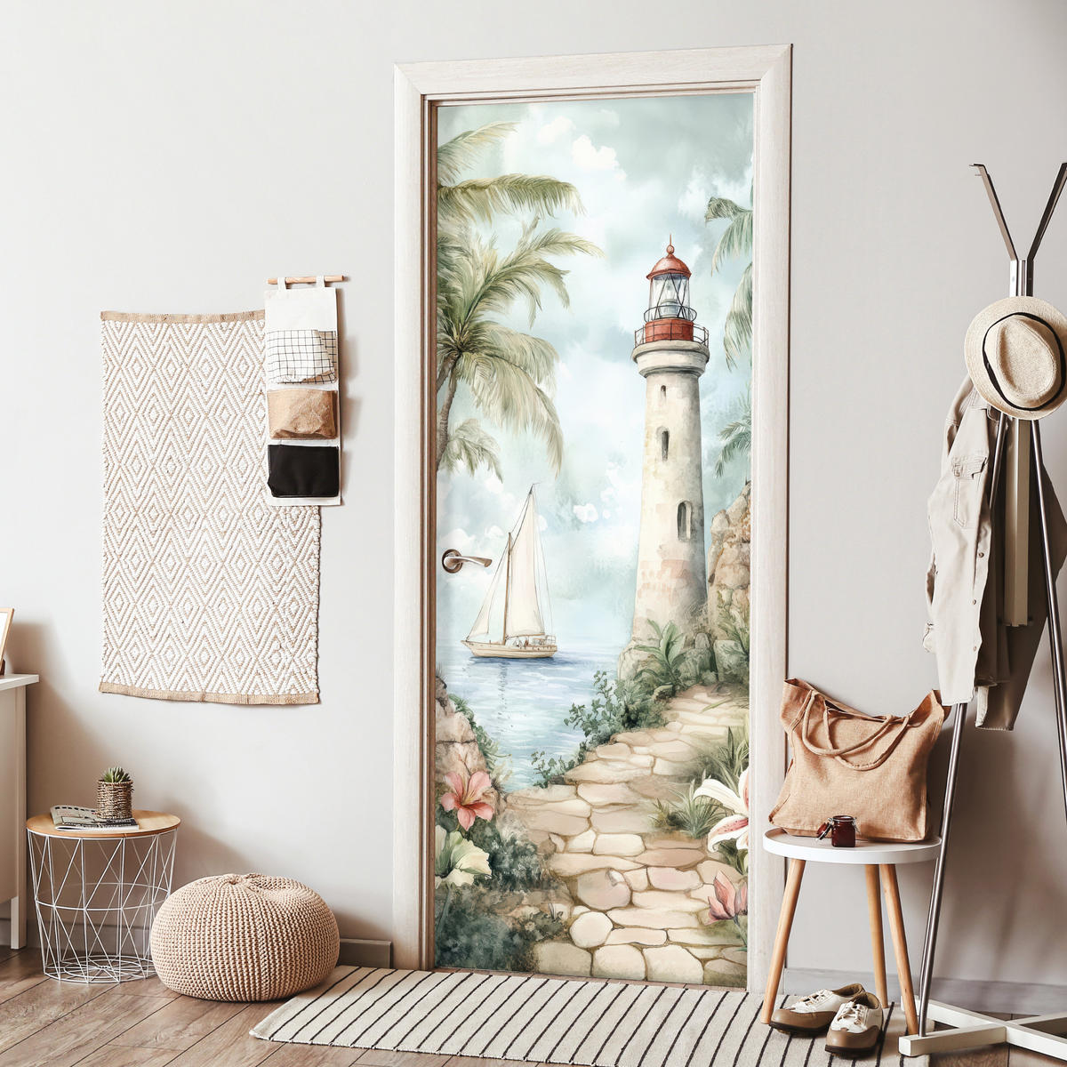 SAMOLEPKA NA DVEŘE Maják - Příroda - Krajina - Loď 95x235 - barva dubu, plast (95/0.1cm) - MuchoWow