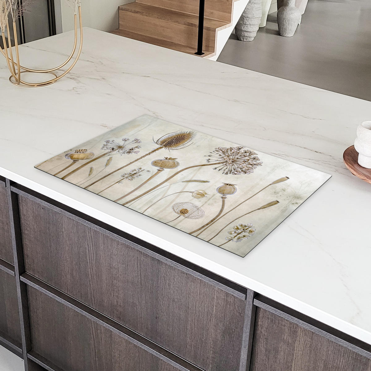 HERDABDECKPLATTE Blumen - Aquarell - Stilleben - Braun - Vintage 83x51 cm - Sandfarben, Kunststoff (83/51.5/0.2cm) - MuchoWow