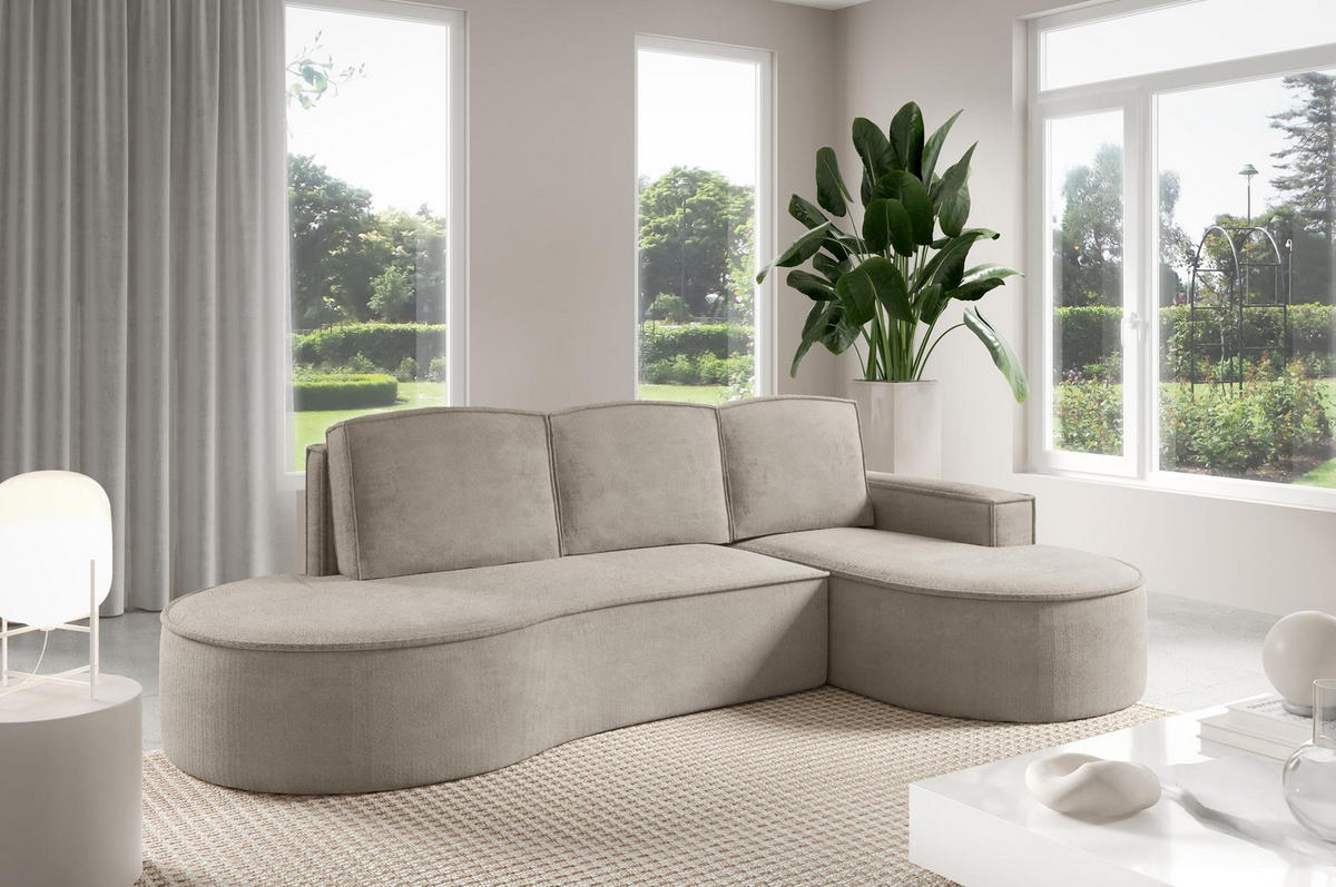 ECKSOFA Flow Kalt Beige, mit Schlaffunktion und Kissen in Curio Stoff, rechte seite - Beige, Holzwerkstoff/Textil (277/157cm) - Bettso