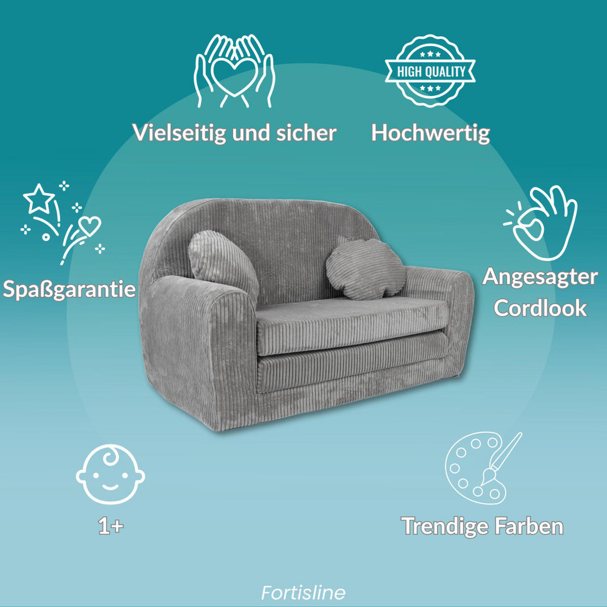 KINDERSOFA MIT VERLÄNGERUNG aus Kuschel-Cord in Türkis - Türkis, Textil (100/60/50cm) - Fortisline
