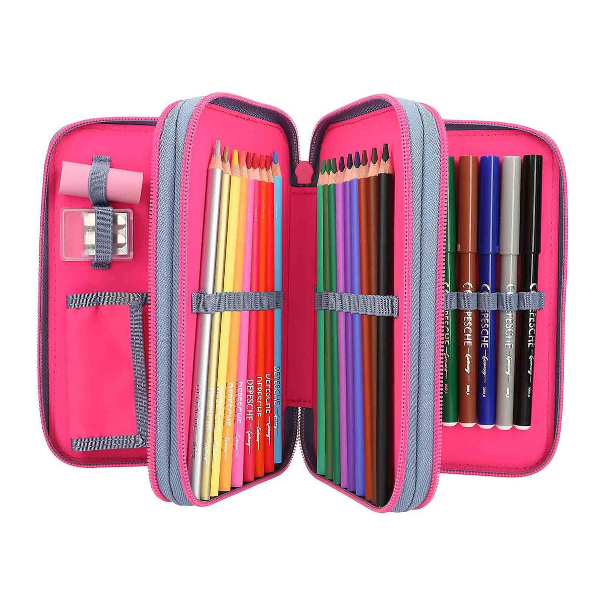 3-FACH FEDERTASCHE MIT SILIKON-PINS TOPModel blau 7,5 x 13 x 20 cm - Blau, Kunststoff (13/20/7.5cm) - Depesche Germany