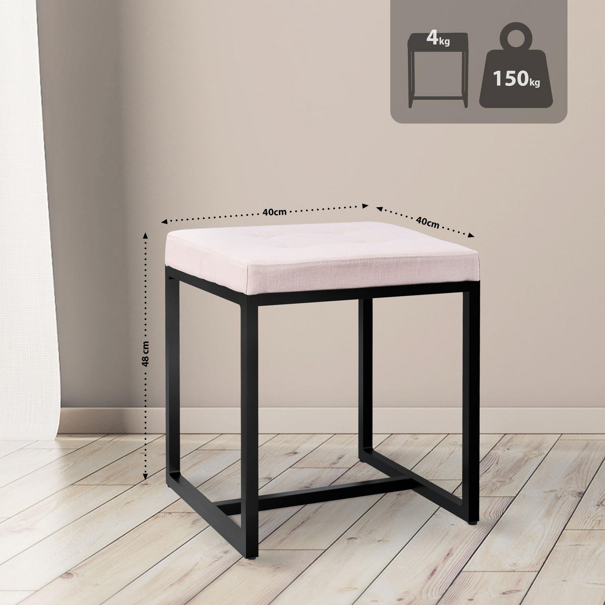 SITZWÜRFEL eckig 40/40/48 cm Stoff creme - Creme/Schwarz, Textil/Metall (40/48/40cm) - CLP