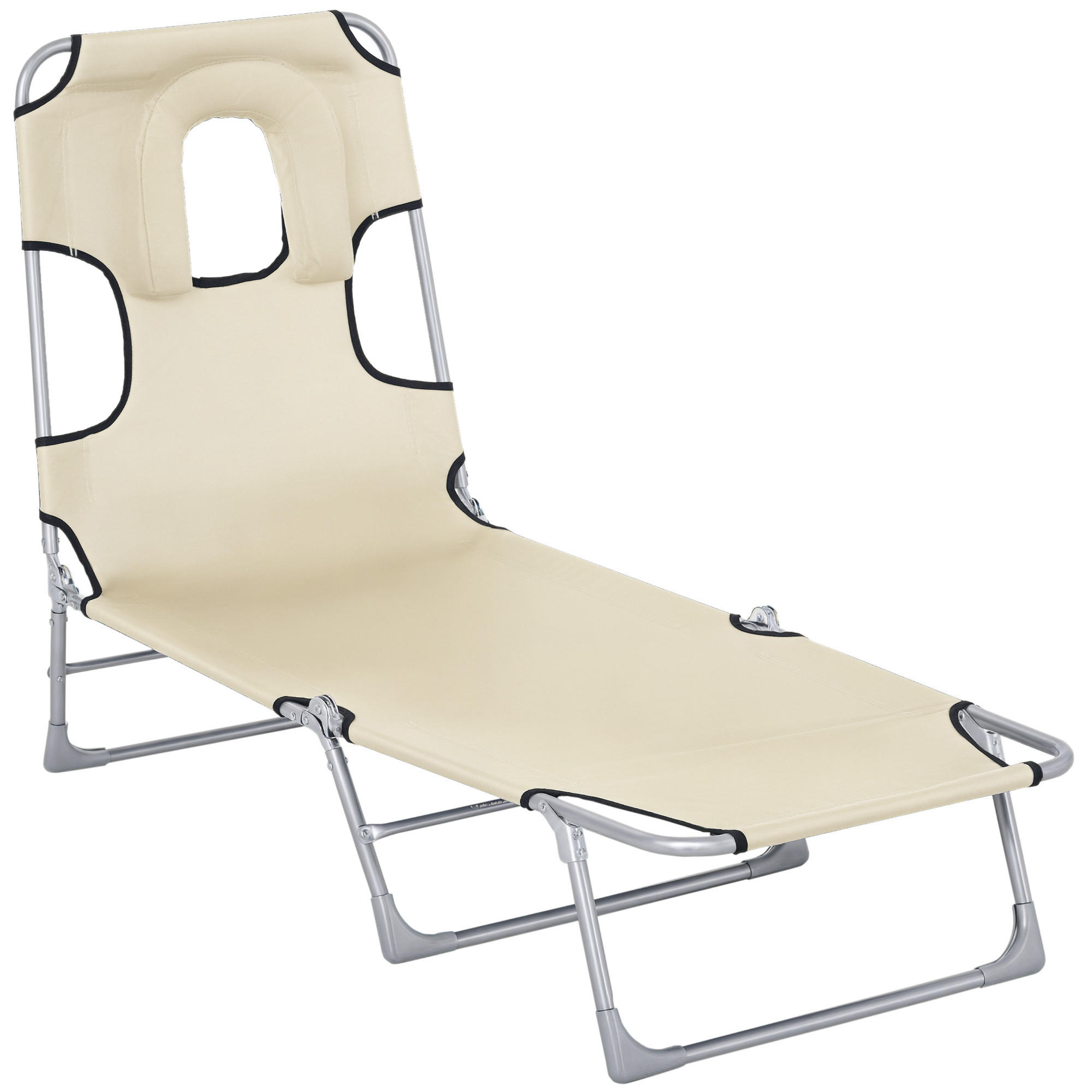 KLAPPSTRANDLIEGE, Einheitsmodell, Beige, 5-fach verstellbare Kopf- und Rückenlehne, Leseöffnung, 182 x 56 x 28 cm - Weiß, Metall (182/28/56cm) - Vallsero