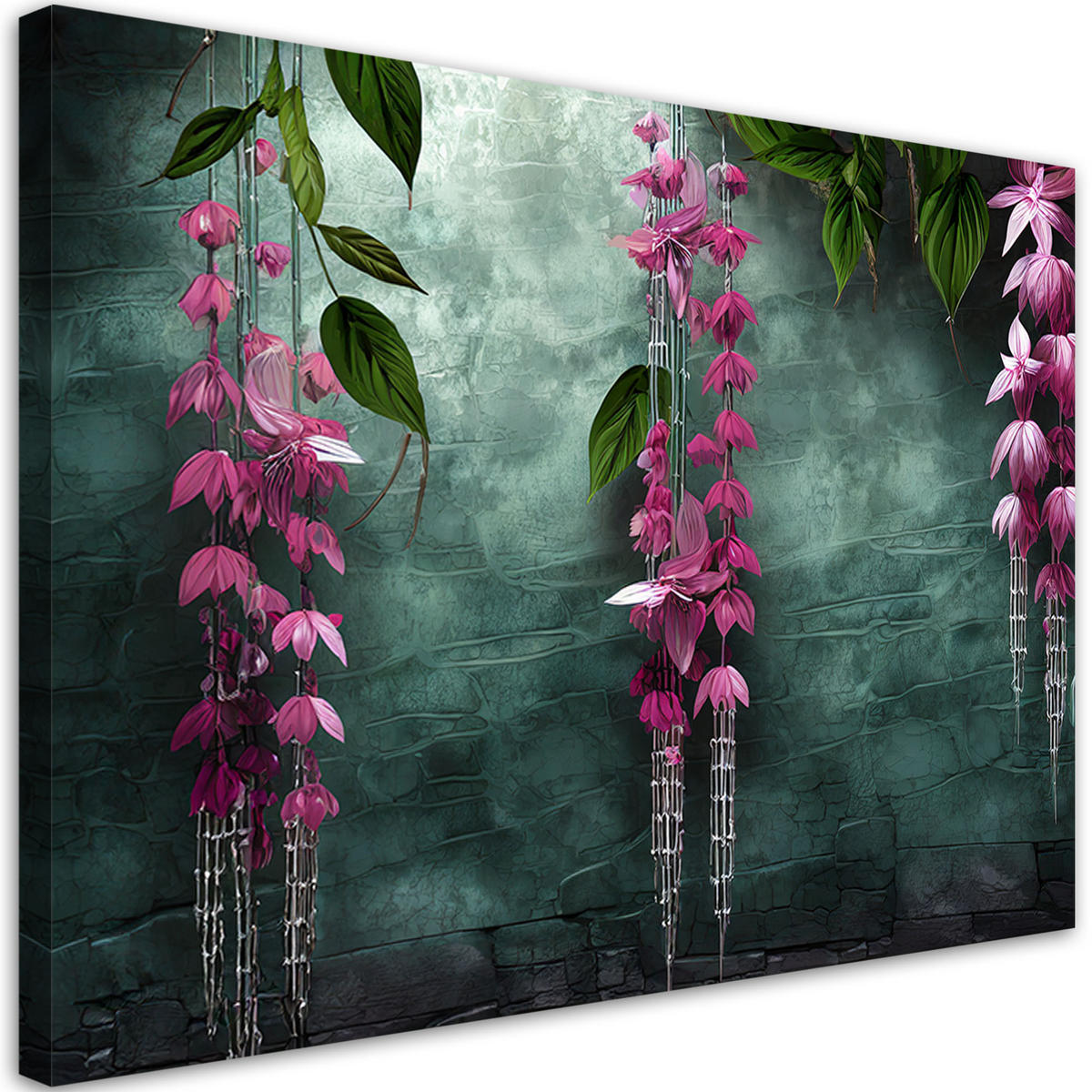 LEINWANDBILD Hängende Blätter und Blumen auf grünem Hintergrund - Grün, Textil (90/60cm) - Feeby