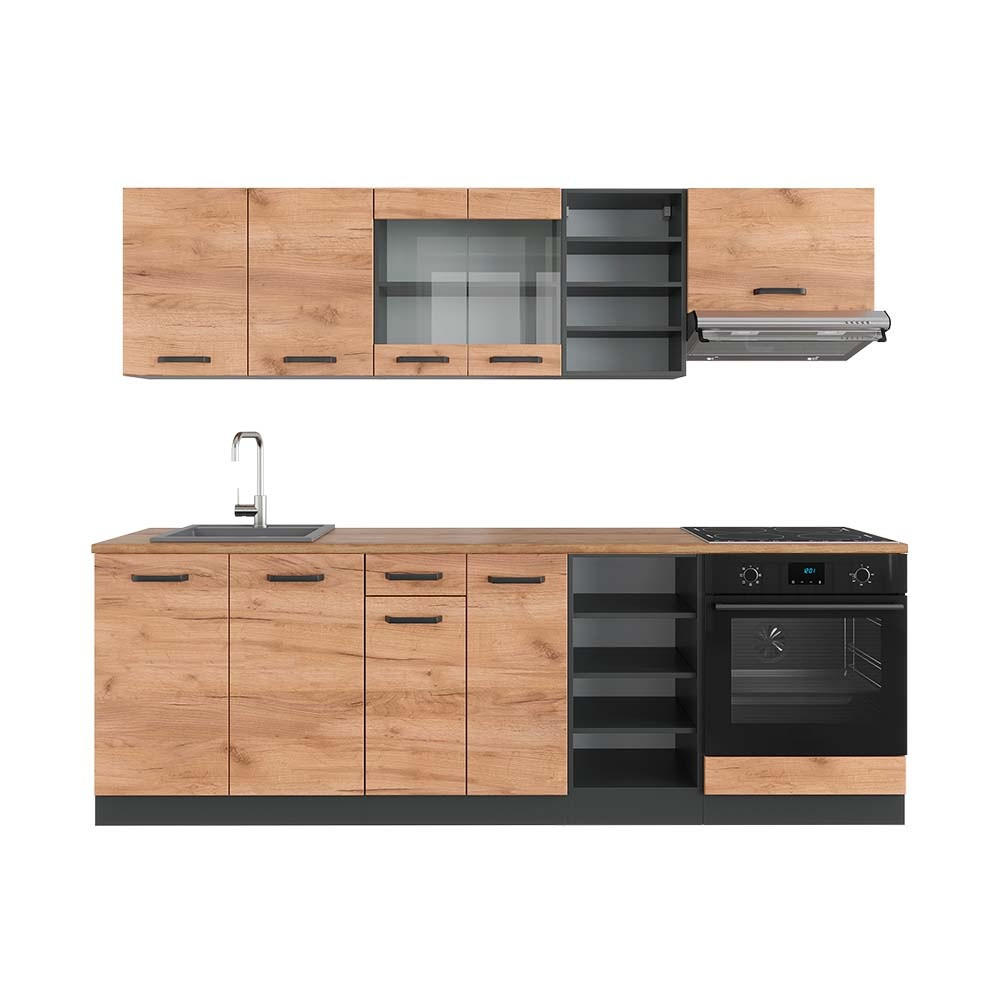KÜCHENZEILE R-Line Goldkraft Eiche/Anthrazit 240 cm , AP Eiche - Honigeiche/Anthrazit, Holzwerkstoff (240/206.8/60cm) - Vicco