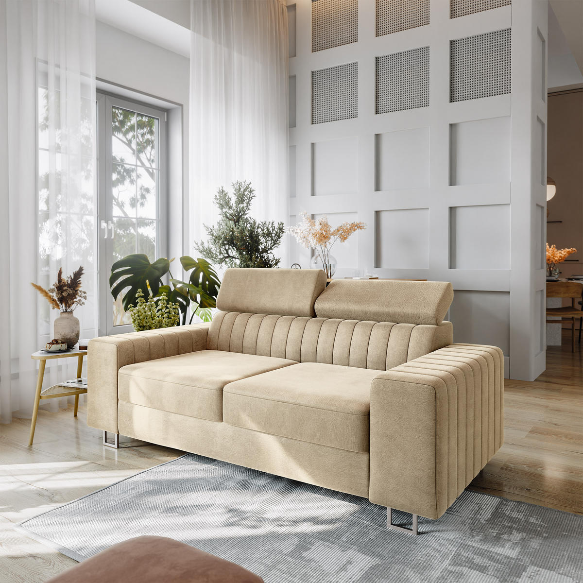 BETTSOFA SOLAN Creme Velours-Stoff mit Schlaffunktion - Creme, Holz/Textil (194/88/90cm) - MASSENO