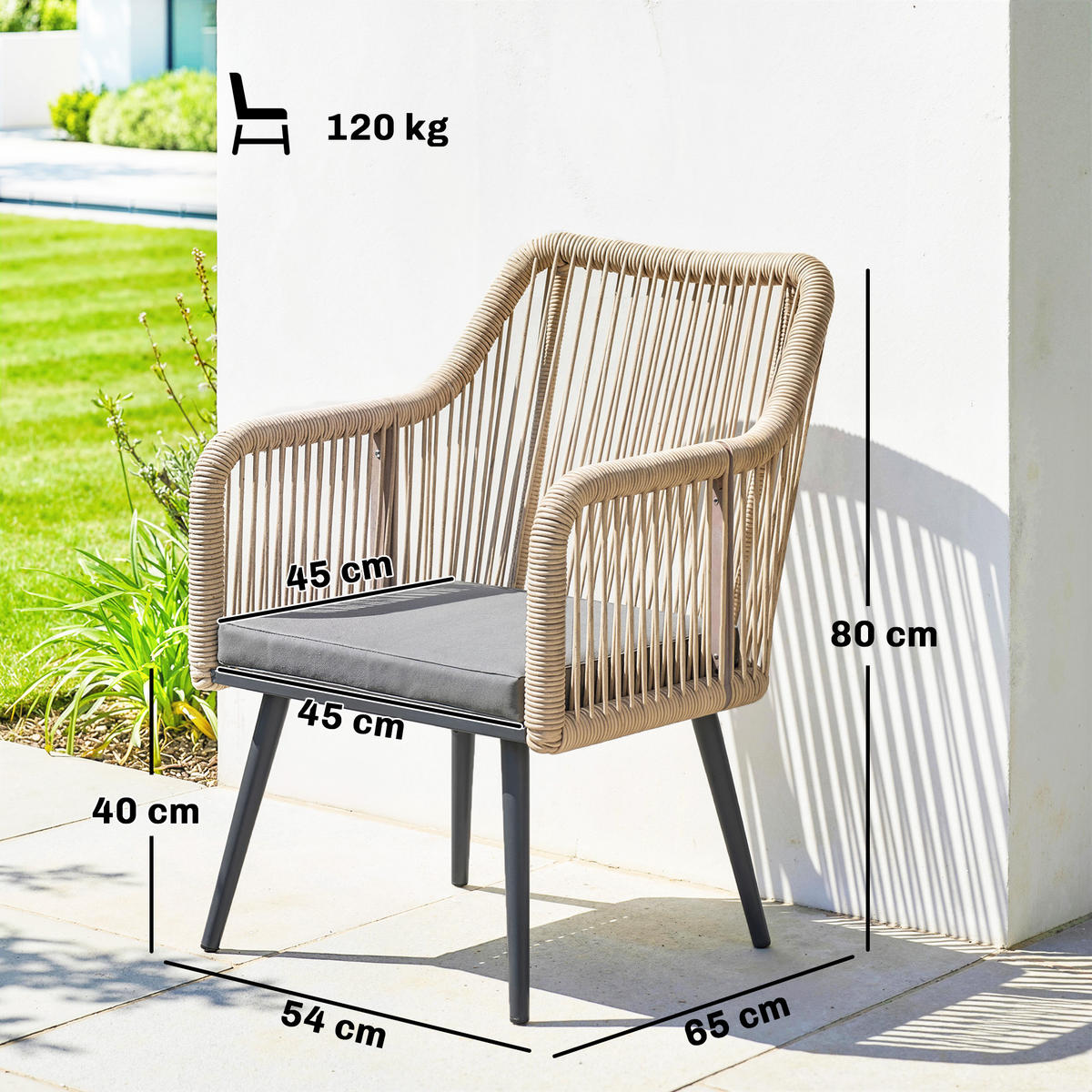GARTENSTUHL 2er Set wetterfest Gartenstühle mit Armlehne Sitzkissen Metallrahmen bis 120 kg belastbar Hellgrau - Hellgrau, Metall (65/80/54cm)
