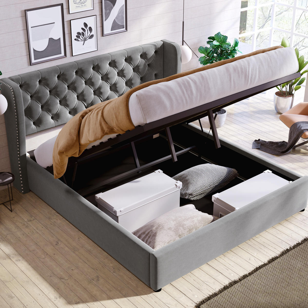 POLSTERBETT 140/190 cm mit hydraulischem Bettkasten, Samtbezug und Nieten-Design, Grau - Grau, Textil (140/190cm) - Redom