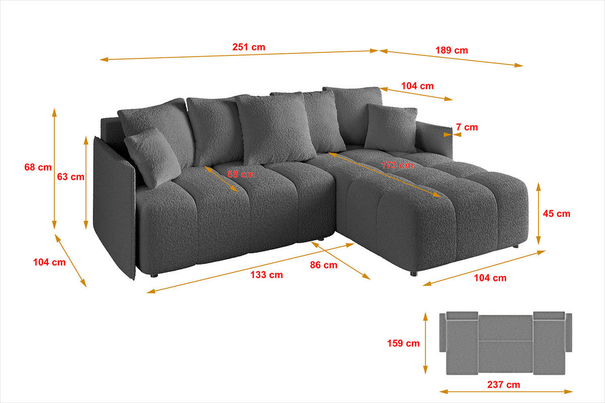 ECKSOFA Ottomane rechts LONLI-L 251x189x68 Platinfarben Bouclé - Platinfarben, Holzwerkstoff/Kunststoff (189/251cm) - ALTDECOR