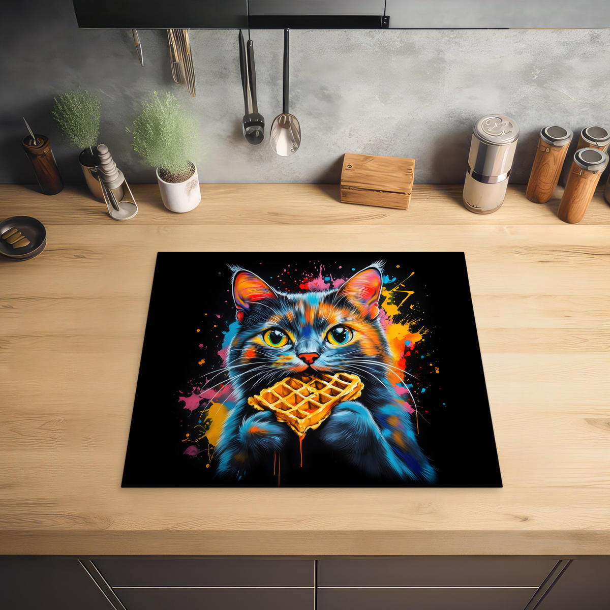 HERDABDECKPLATTE Katze - Graffiti - Bunt - Waffel - Essen Herdabdeckung Induktionsfeld 60x52 cm - Multicolor, Kunststoff (60/52/0.2cm) - MuchoWow