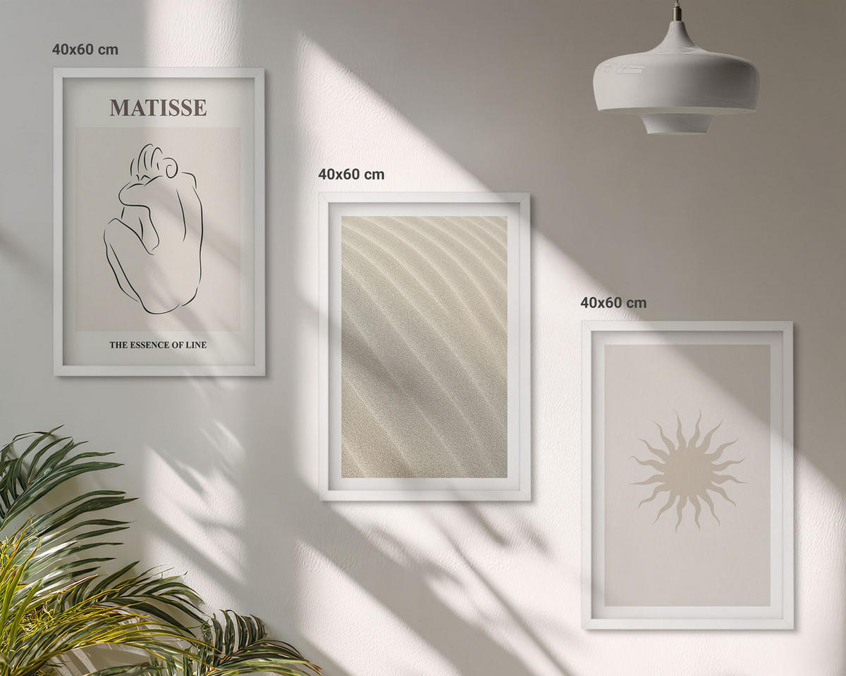 WANDBILDER 3er-Set - 40x60 cm Weißer Rahmen - Minimalistische Sandlinien Sonne - Weiß, Kunststoff (40/60cm) - ArtPrintCave