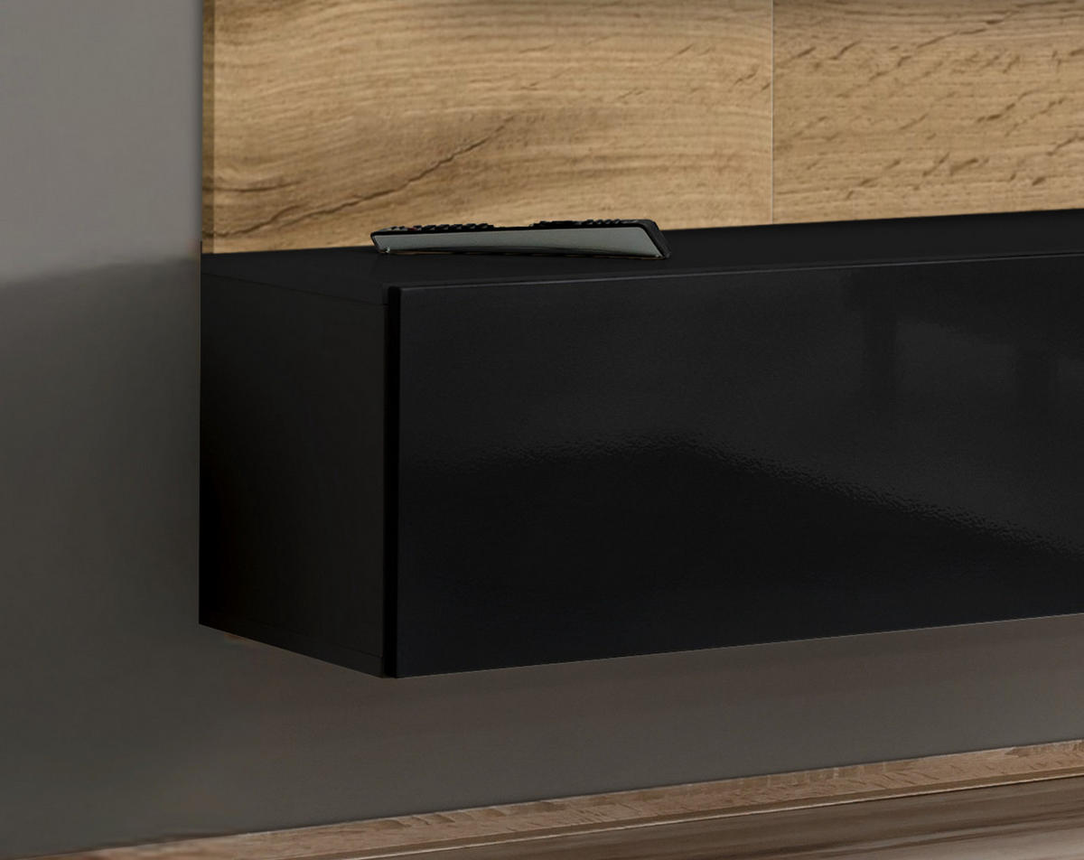 TV-LOWBOARD Eiche Wotan und schwarz 180 cm hängend, Set inklusive LED-Beleuchtung - Eiche Wotan/Schwarz, Glas/Holzwerkstoff (180/148/40cm) - Inn.Furn