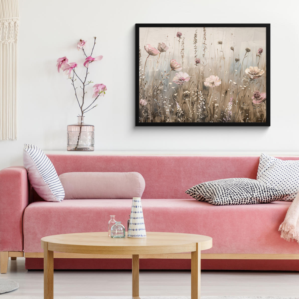 POSTER MIT RAHMEN Blumen - Rosa - Modern - Beige 80x60 cm - Beige, Papier (80/60cm) - MuchoWow