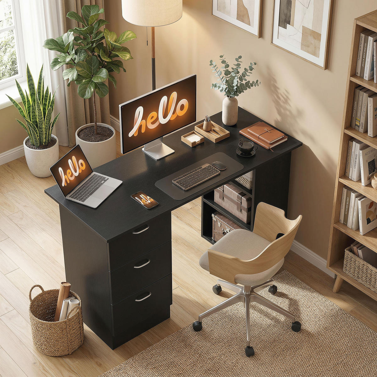SCHREIBTISCH Schwarz mit 3 Schubladen und Regalfächern 120/49/72 cm - Schwarz, Holz (49/120/72cm) - PANGIVO