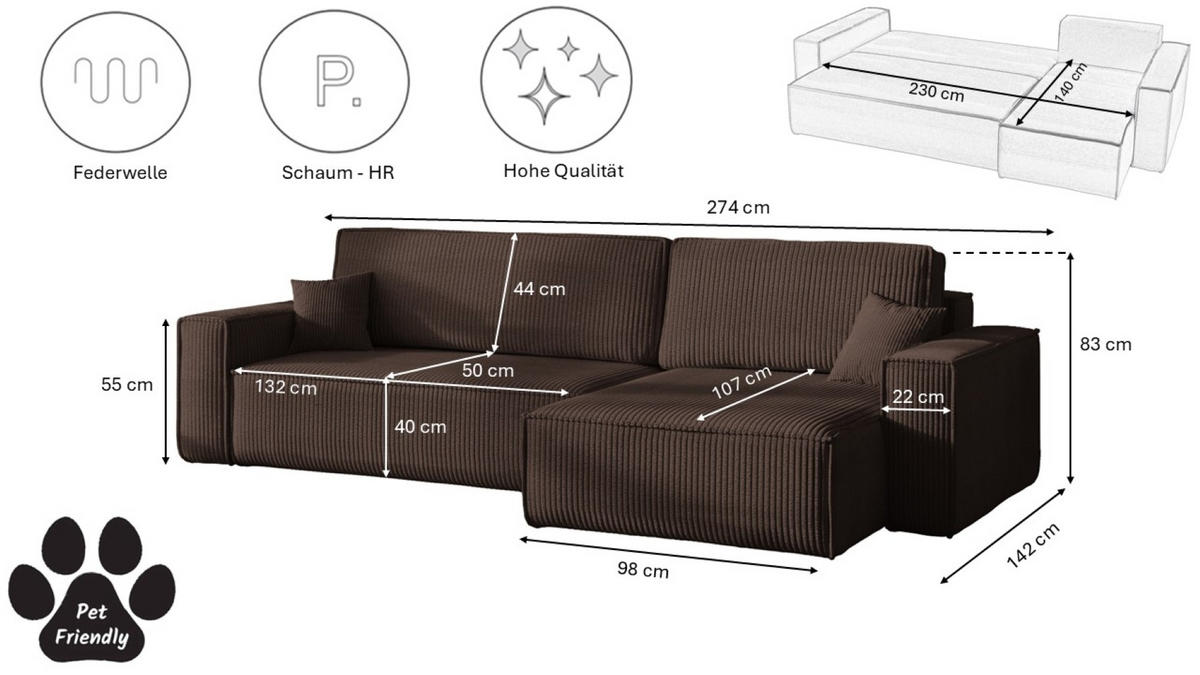 ECKSOFA Mit Schlaffunktion Und Bettkasten, Eckcouch BEST XL Stoff Poso Dicker Cord Braun Rechts - Schwarz/Braun, Holz/Kunststoff (274/142cm) - Kaiser Möbel