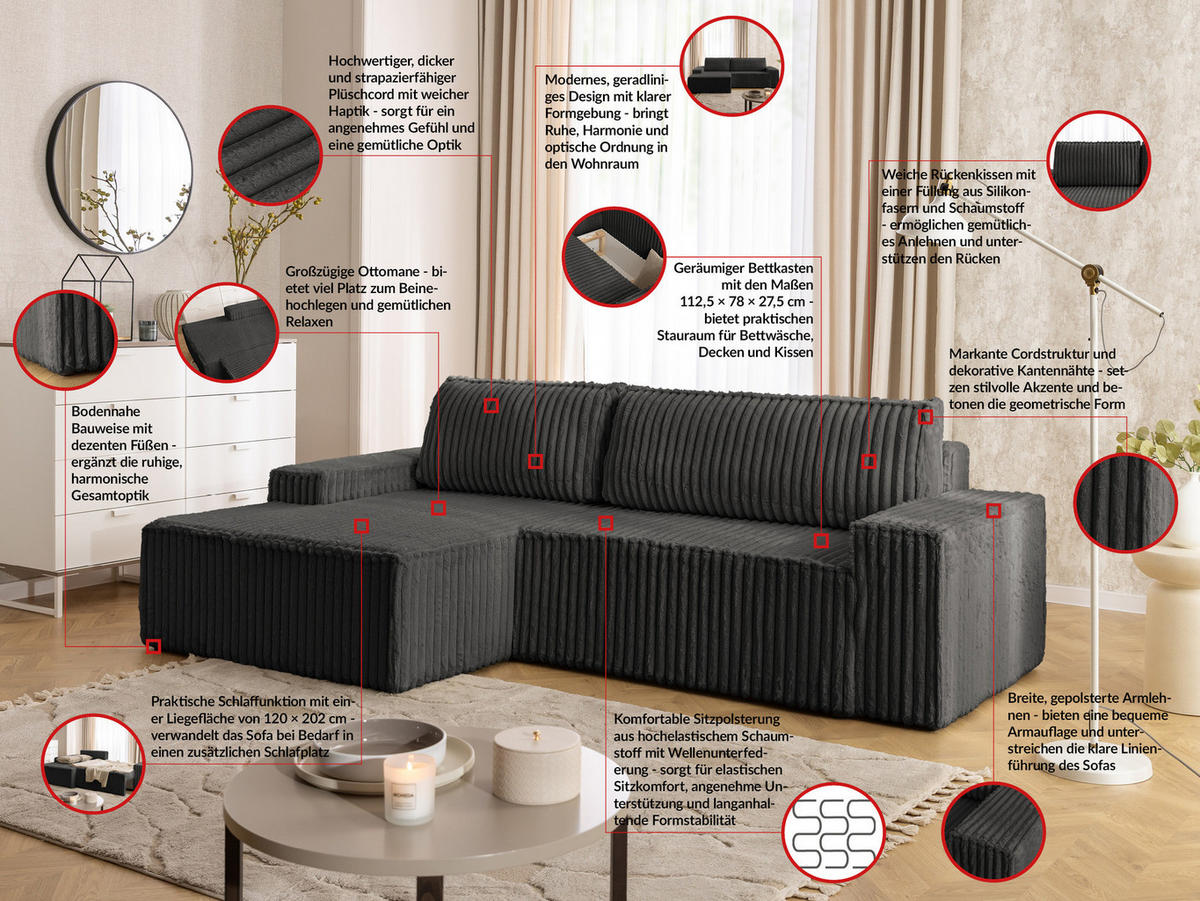 ECKSOFA Rivio mit Schlaffunktion und Bettkasten, Plüschcord Dunkelgrau - Dunkelgrau/Schwarz, Holz/Kunststoff (149/262cm) - S-Style