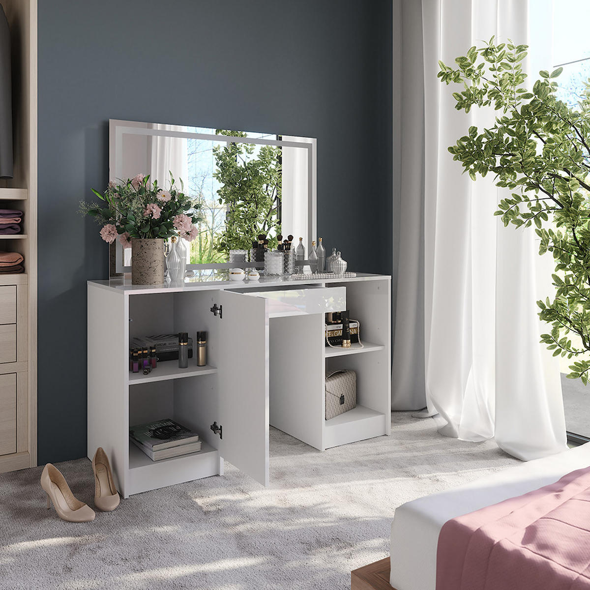 SCHMINKTISCH Sherry Weiß/Weiß Hochglanz 128.2 cm mit LED-Spiegel - Weiß Hochglanz, Holzwerkstoff (128.2/76/50.1cm) - Vicco