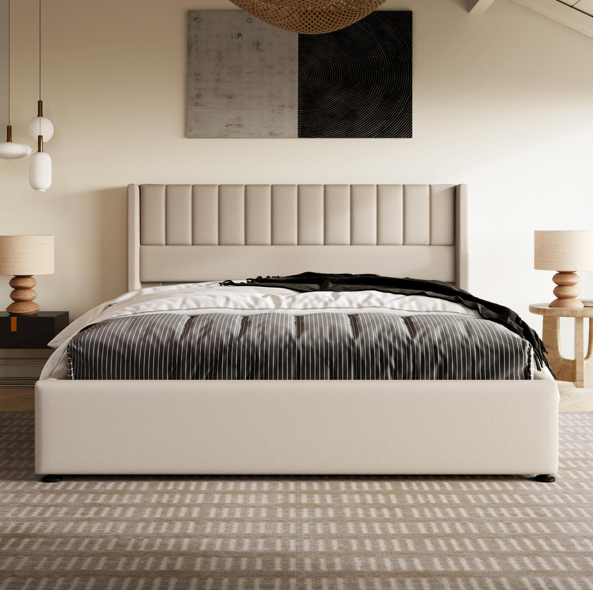POLSTERBETT 180/200 cm mit hydraulischem Bettkasten, gepolstertem Kopfteil und Leinenbezug, Beige - Beige, Textil (180/200cm) - Redom