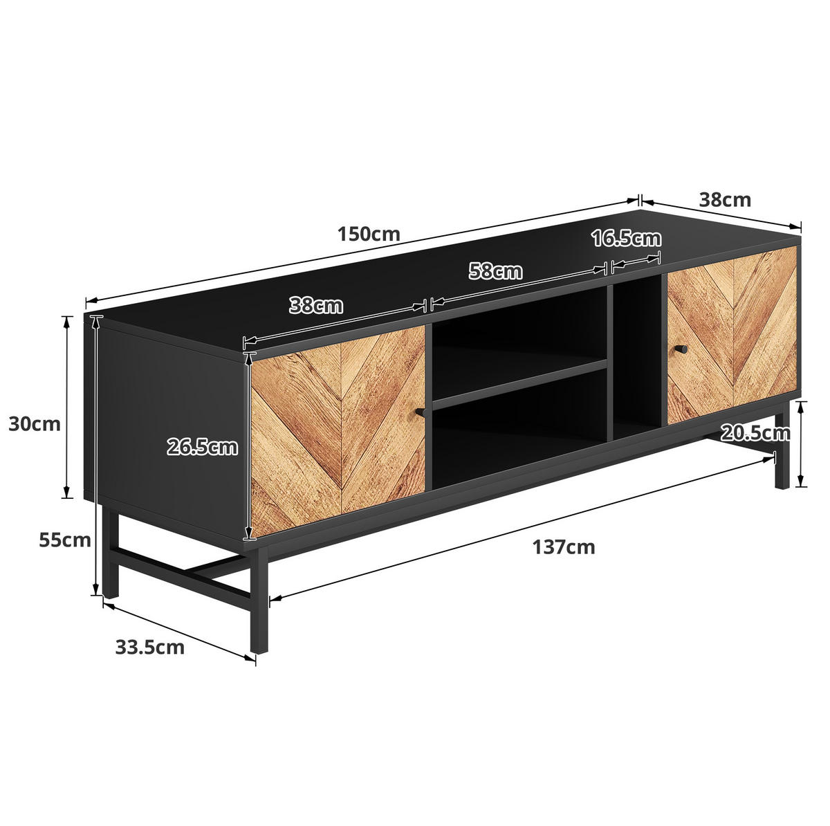 LOWBOARD 150/38/55 cm Schwarz/Natur aus Eisen und Spanplatte mit 2 Schränken und 3 Fächern - Hellbraun, Holzwerkstoff (38/55/150cm) - OKMYHOME