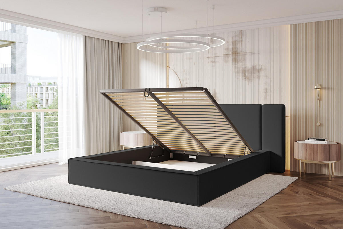 POLSTERBETT mit Bettkasten und Lattenrost, Boxbett ohne Matratze - RIVO 180x200 Schwarz - Schwarz Hochglanz, Holzwerkstoff/Textil (180/200cm) - ALTDECOR