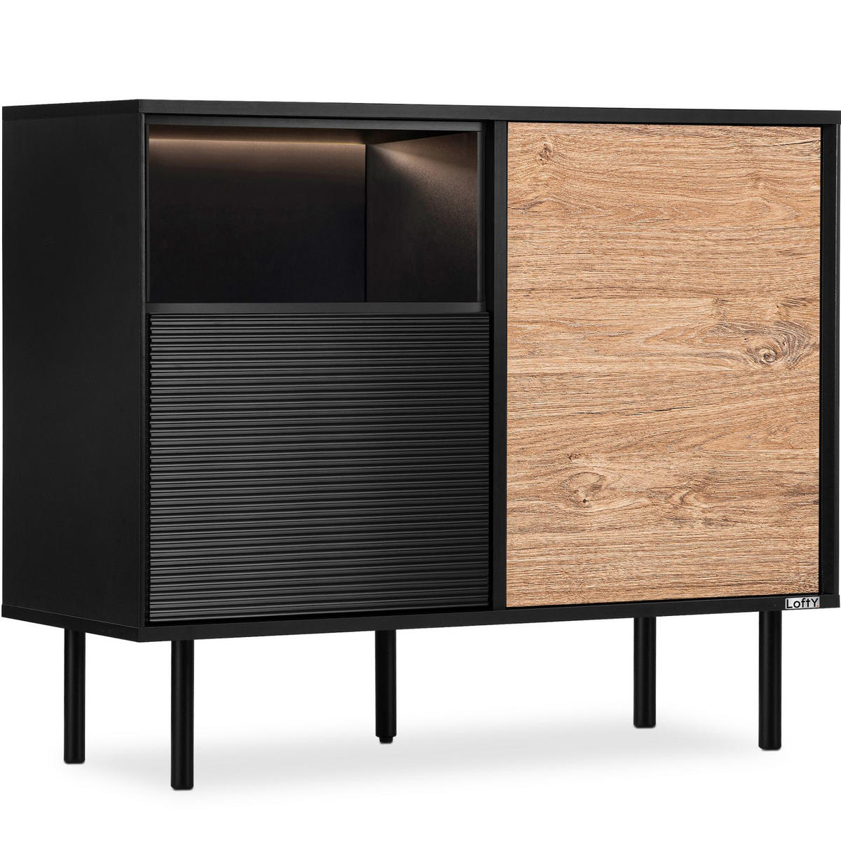 KOMMODE LOFTY Außenseiteneinlage, schwarz / Eiche natur - Eichefarben/Schwarz, Holzwerkstoff (102/83/41cm) - KONSIMO®