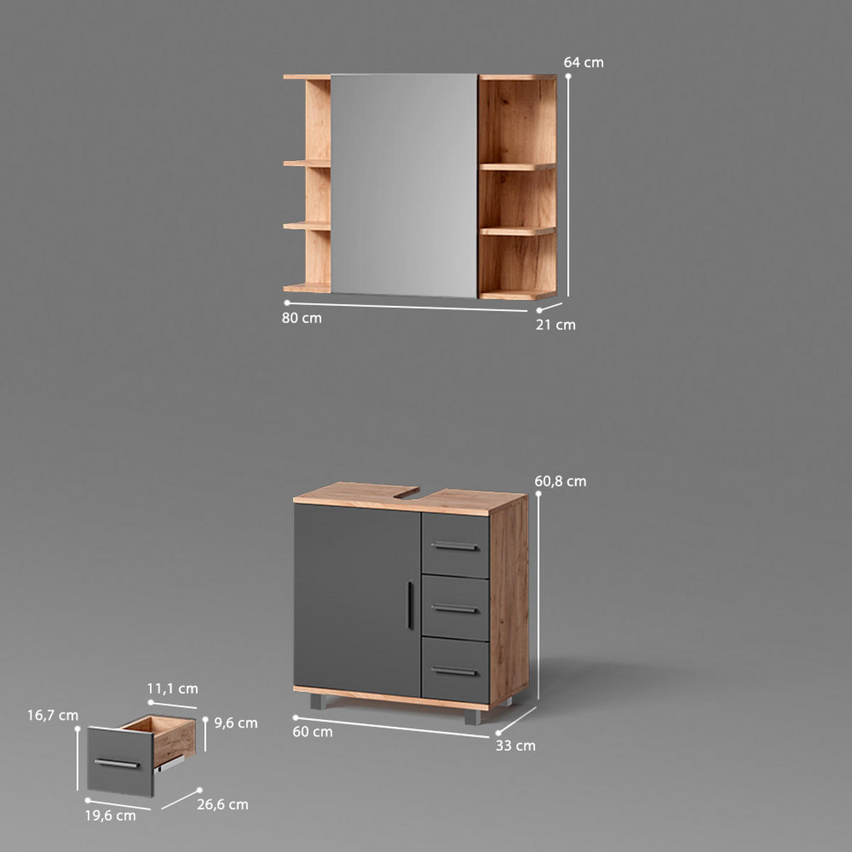BADMÖBEL-SET Eisak Eiche 2 Teile - Eichefarben/Anthrazit, Holzwerkstoff (60/60/33cm) - Livinity®