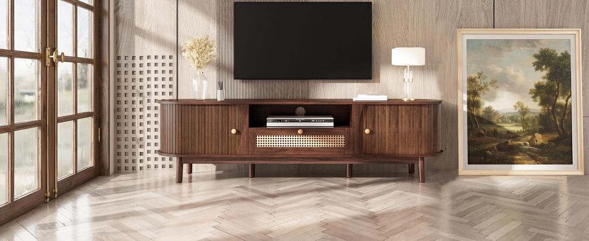 TV-LOWBOARD Rattan Türen Holz Landhaus - Nussbaumfarben, Holz (165/46/37cm) - Fortuna Lai