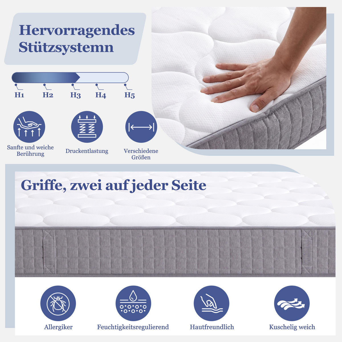 TASCHENFEDERKERNMATRATZE 140/200 cm Weiß 25 cm hoch, Härtegrad H3 - Weiß, Textil (140/200cm) - Oxeza