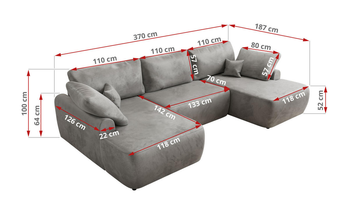 WOHNLANDSCHAFT CUBO U Hellgrau Velvet - Hellgrau/Schwarz, Kunststoff/Textil (370/100/187cm) - MKS
