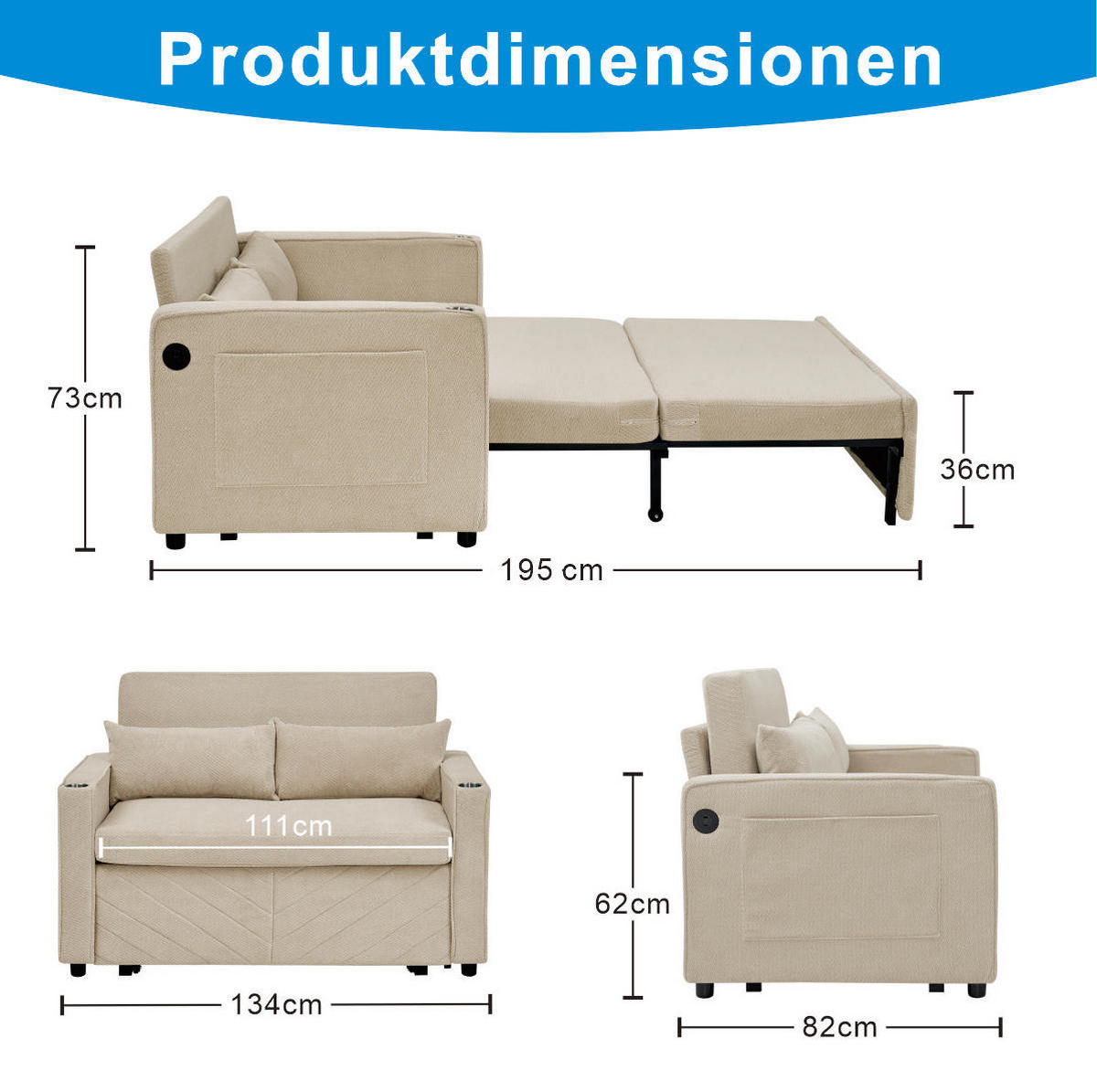 SCHLAFSOFA aus Holz und Stoff mit USB-Anschluss und Ausziehfunktion Beige - Beige, Holz (134/73/195cm) - Modenvie