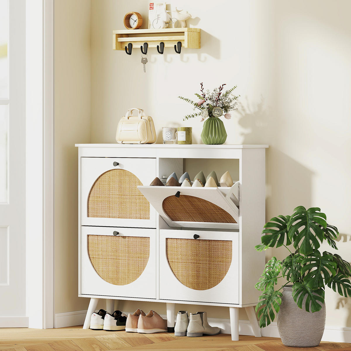 SCHUHSCHRANK DE-15022 4 Klapptüren in Rattan-Optik Weiß - Weiß, Holzwerkstoff (105/97.5/24cm) - ComfortXL