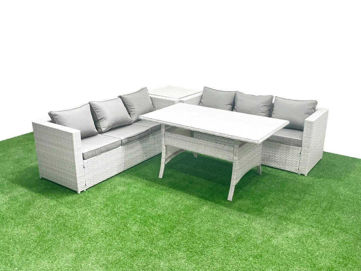 GARTENMÖBEL SET mit Esstisch,Beistelltisch Polyrattan Hellgrau 6-Sitzer - Hellgrau/Grau, Glas/Kunststoff - Fimous