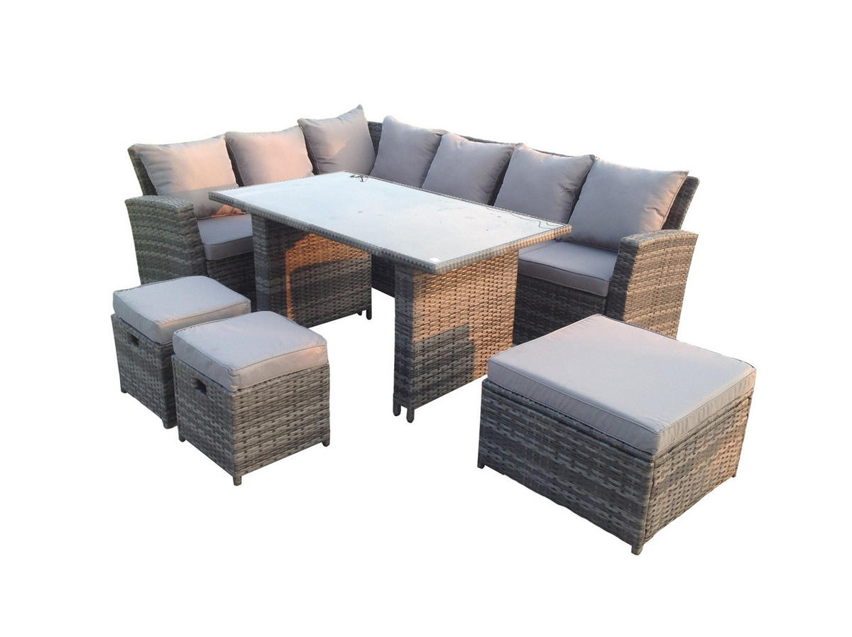 GARTEN-ECKSOFAGARNITUR mit Esstisch Polyrattan 9-Sitzer - Dunkelgrau/Grau, Glas/Kunststoff - Fimous