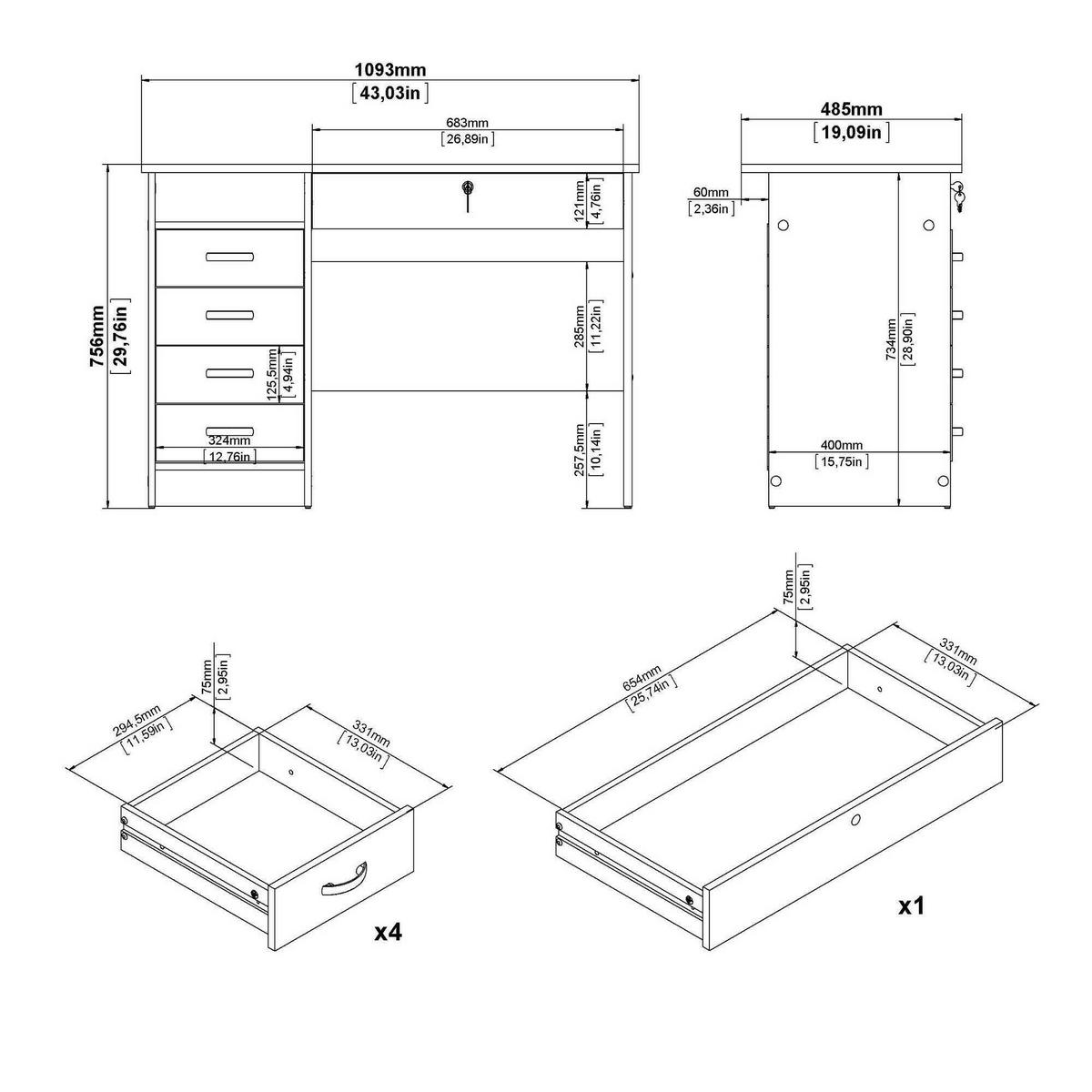 SCHREIBTISCH Eiche 48.5/109.3/75.6 cm - Braun, Holzwerkstoff (48.5/109.3/75.6cm) - DMORA