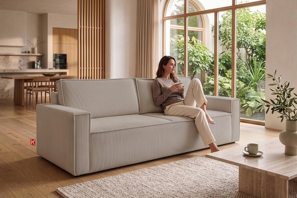 3-SITZER-SCHLAFSOFA NAPI in Pet Friendly Cord-Stoff, beige - Beige/Schwarz, Textil (244/89/101cm) - KONSIMO®