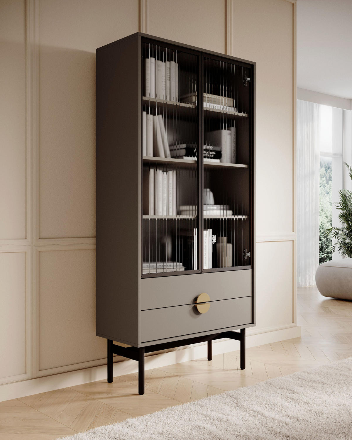 VITRINE Stoon II Steingrau 85 cm - šedá/černá, kov/kompozitní dřevo (85/179/41cm) - Selsey
