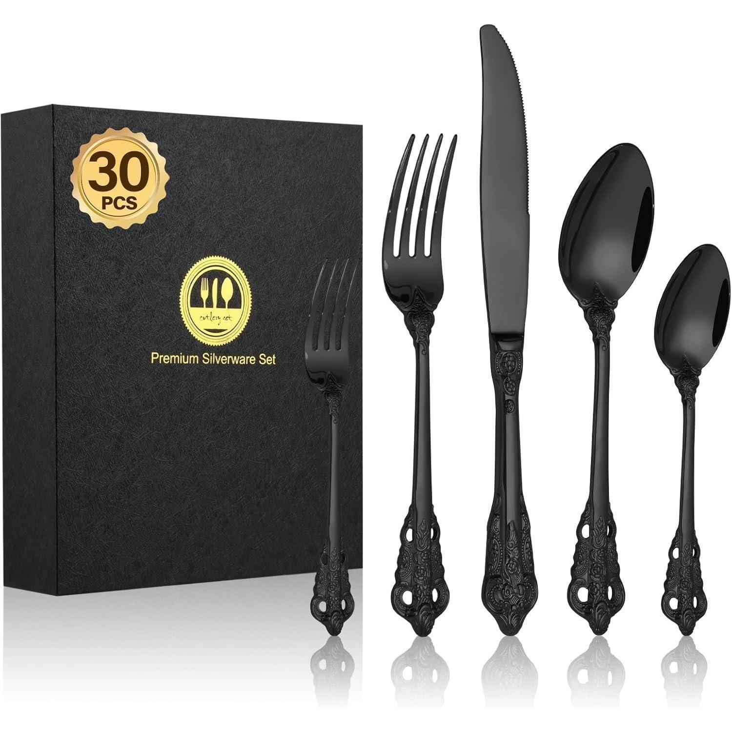 BESTECKSET 30-teiliges Set Schwarz Mattiert Edelstahl Geprägte Griffe Spülmaschinenfest - Schwarz, Metall