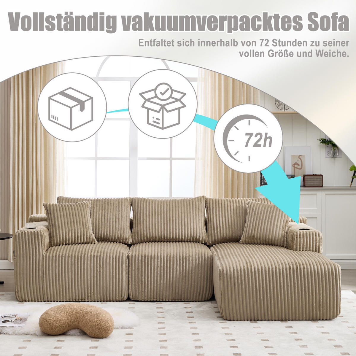 MODULARES Sofa-Set Cord mit Chaiselongue und 2-Sitzer Getränkehalter und Seitentaschen 257/90 160/62 cm Sandfarben - Sandfarben, Textil (160/257cm) - Redom