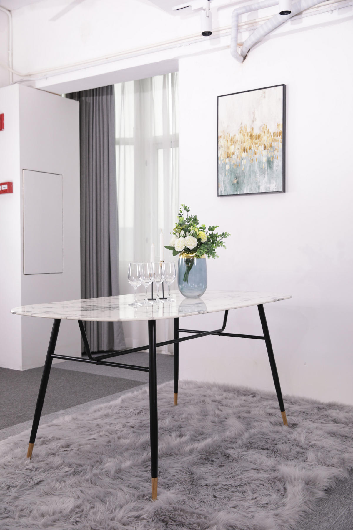 ESSZIMMERTISCH LARS - 160x90 cm - Platte Glas in Marmoroptik, Gestell pulverbeschichtetes Metall - Weiß, Metall (90/160/77cm) - TPFLiving